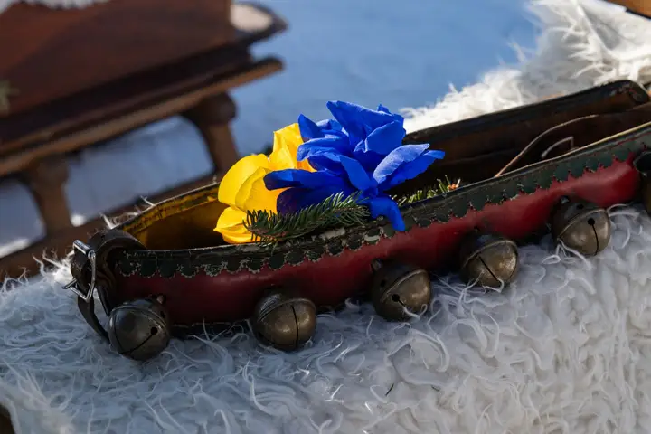 Glöckchen und eine blaue Papierrose im Sitz einer Rennbänna auf weissem Fell